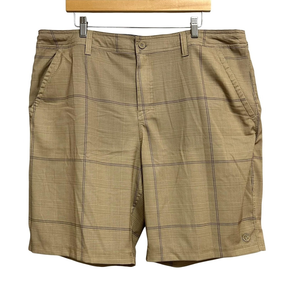Hang Ten Shorts Mens 42 Beige Plaid Chino Stretch‎ Microfiber Drawstring Casual